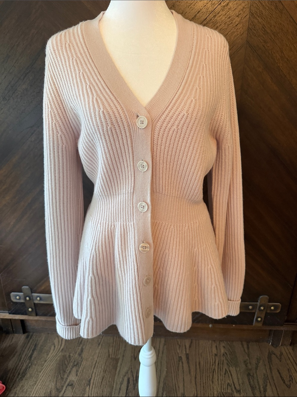 LoveShackFancy Blush Pink Ribbed Button-Front Peplum Cardigan